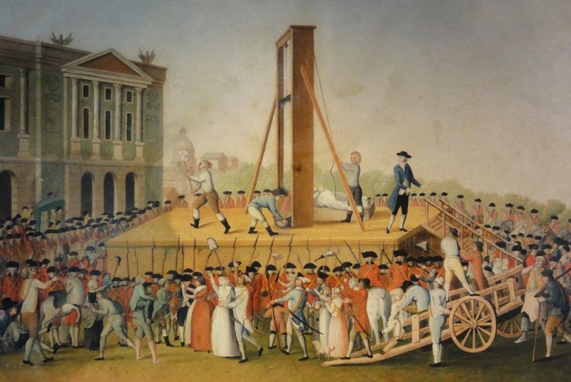 Ilustrasi pemenggalan kepala tahanan dengan menggunakan guillotine di Prancis pada abad pertengahan.