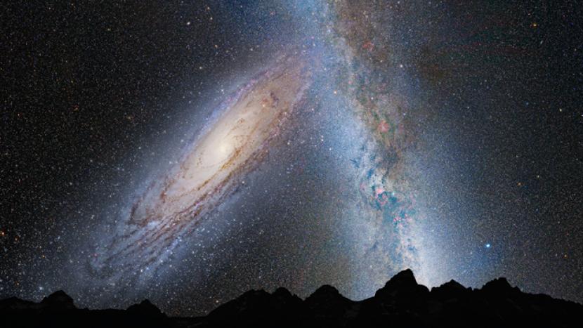 Ilustrasi penggabungan galaksi Bima Sakti dan Andromeda.