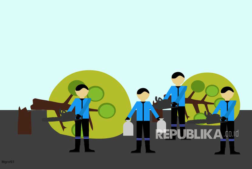 Ilustrasi Tim Biru Pemotong Pohon Tumbang