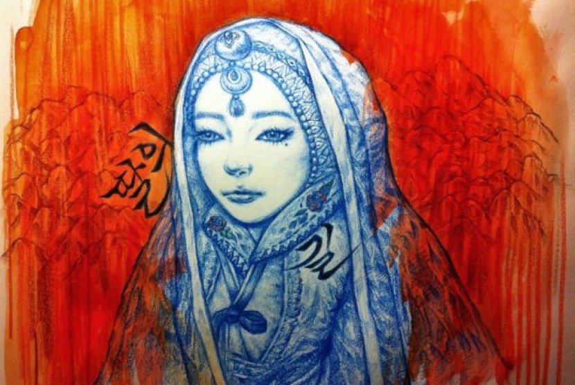 Ilustrasi wanita Korea dalam balutan hijab karya Muna Hyunmin Bae