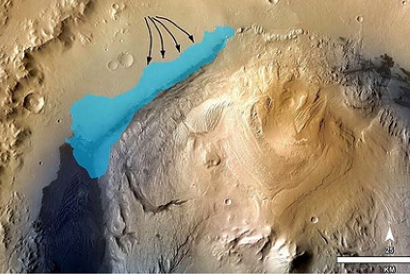  Ilustrasi yang menunjukan kemungkinan adanya danau Purba di Mars. 