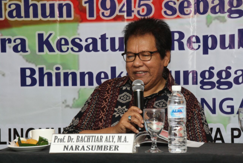 impinan Badan Sosialisasi Majelis Permusyawaratan Rakyat (MPR) Bachtiar Aly berbicara di Sosialisasi Empat Pilar Pancasila di Palembang, Sabtu (16/9).