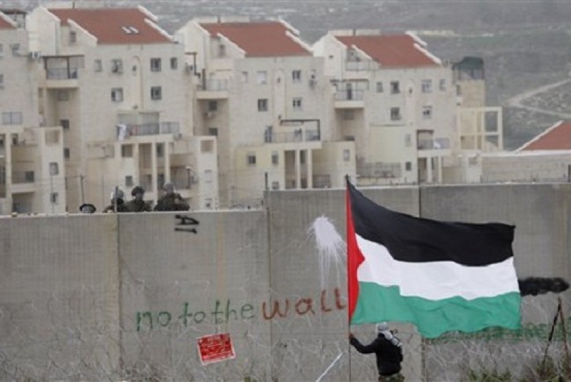 A protester waves a Palestinian flag in front of Israeli troops during a protest against Israel's separation barrier. (File photo)