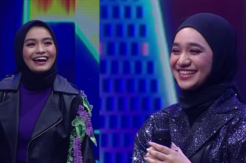 Salma Salsabil (kiri) mengungguli Nabila Taqiyya dalam perolehan suara dukungan pemirsa di grand final Indonesian Idol 2023. 