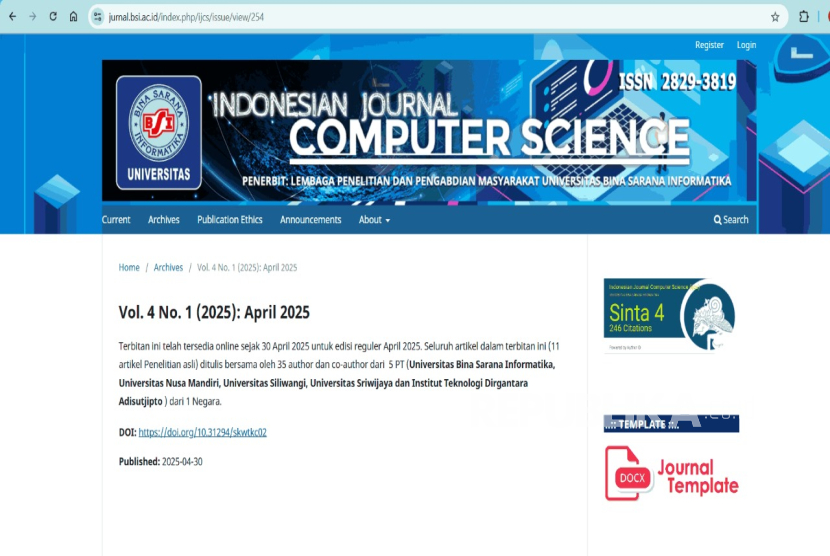 Indonesian Journal Computer Science (IJCS) menunjukkan eksistensinya sebagai jurnal ilmiah bereputasi dengan menerbitkan 11 artikel terbaru yang langsung terindeks dalam SINTA 4. 