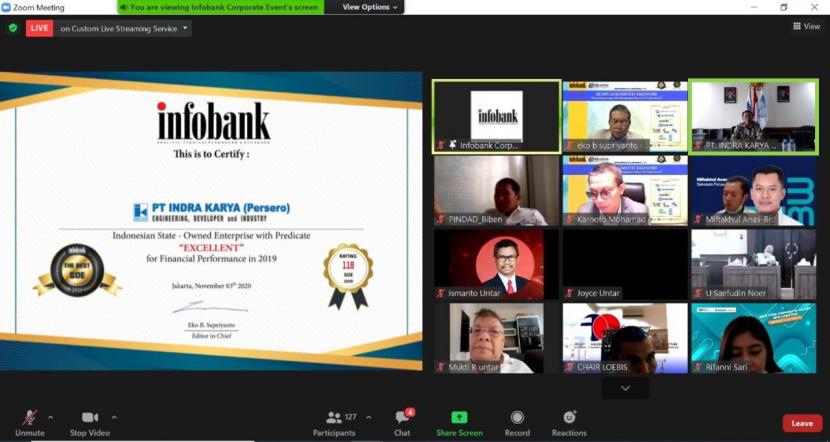 Indra Karya (Persero) meraih penghargaan The Best SOE Konsultan Konstruksi Terbaik Awarding Infobank 2020.