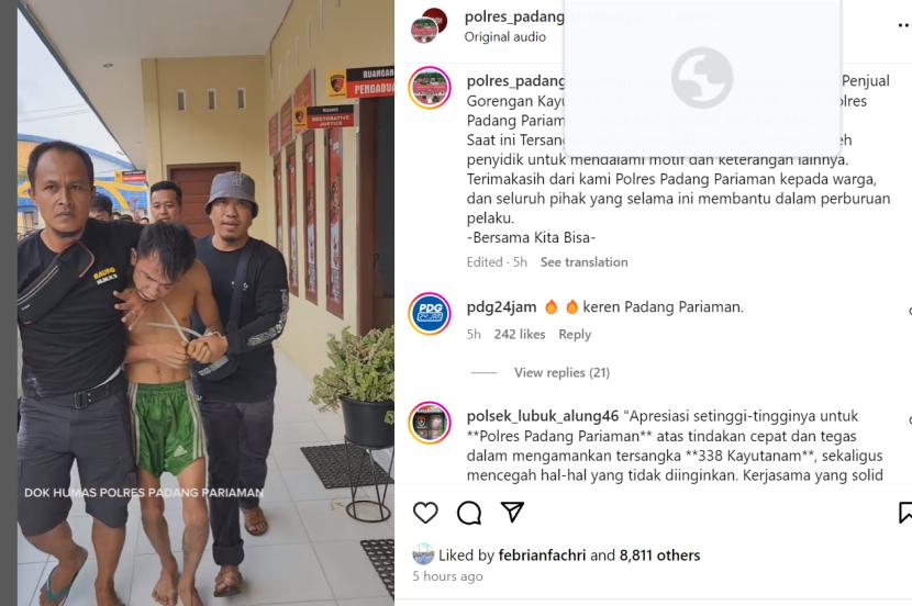 Indra Septriarman, pembunuh Nia Kurnia Sari diamankan petugas.