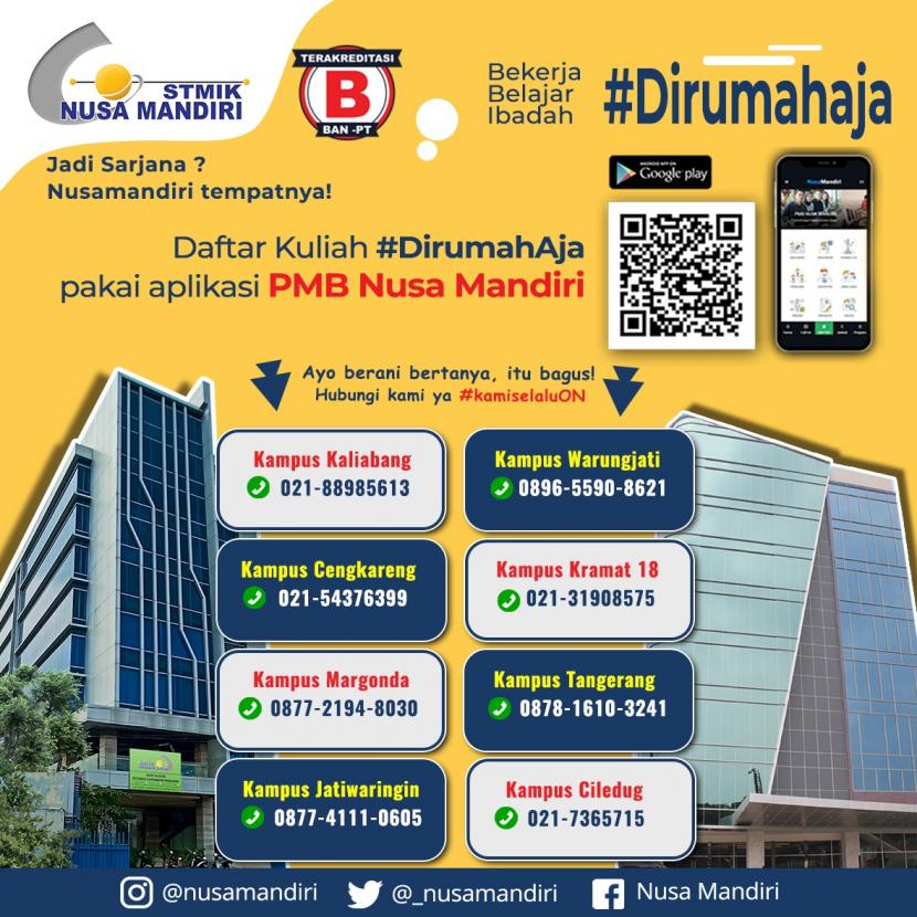 Informasi aplikasi PMB Nusa Mandiri dan hotline kampus-kampus STMIK Nusa Mandiri.