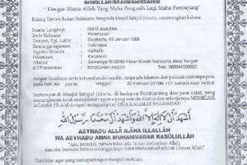 Ini surat keterangan yang dikeluarkan Masjid Istiqlal tentang Selvi Ananda yang menjadi mualaf.