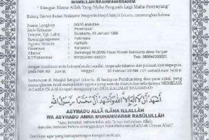 Ini Surat Mualaf Menantu Jokowi Yang Dikeluarkan Masjid