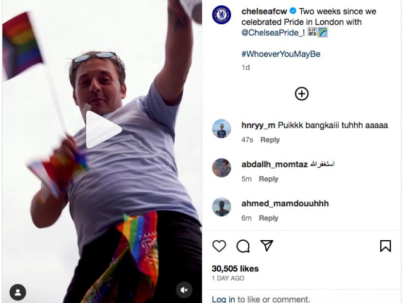 Instagram klub sepak bola Liga Inggris Chelsea @chelseafcw mengunggah dukungan ke kaum LGBT.