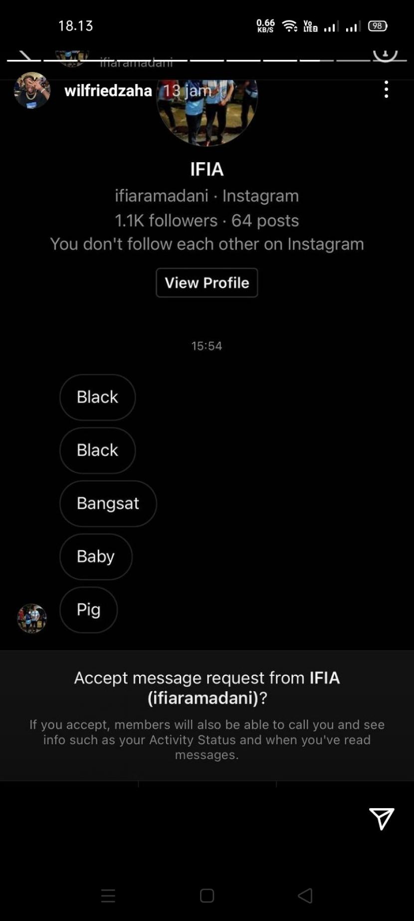 Instastory akun Wilfried Zaha yang menjadi sasaran rasis warga Indonesia.