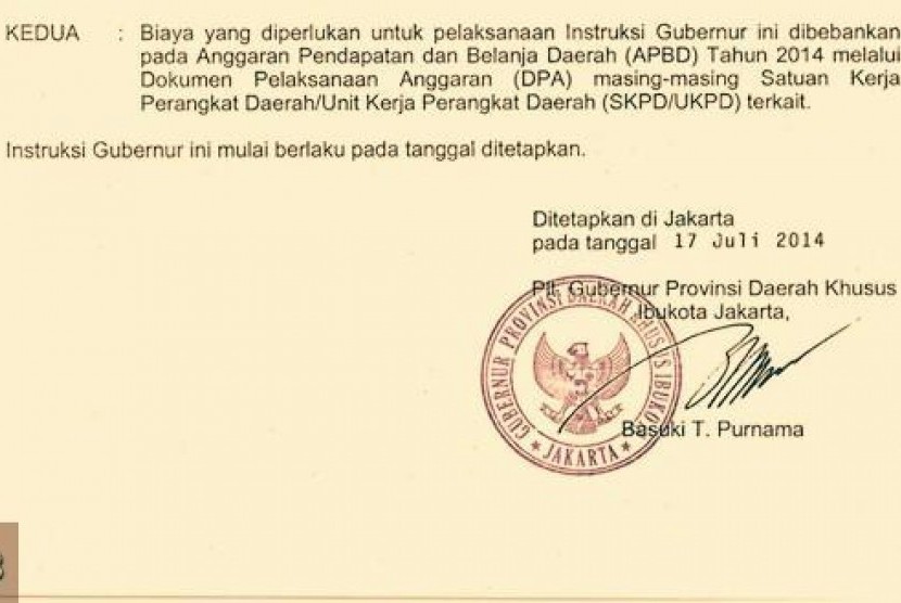 Instruksi Gubernur yang ditandatangani Ahok.