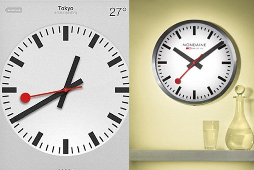 Jam di aplikasi Apple (kiri) dan jam desain Swiss National Rail Operator(kanan)