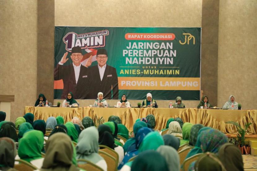 Jaringan Perempuan Nahdliyin (JPN) Provinsi Lampung mendeklarasikan dukungan kepada pasangan nomor urut 1 di Pilpres 2024, Anies Baswedan-Muhaimin Iskandar (AMIN).