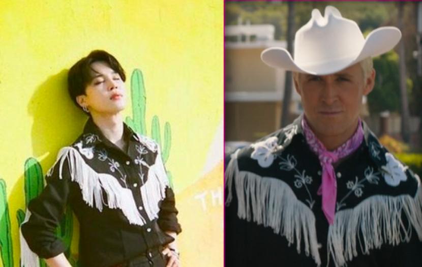 Jimin BTS (kiri) dan Ryan Goslin saat berperan sebagai Ken. Keduanya memakai baju yang sama.