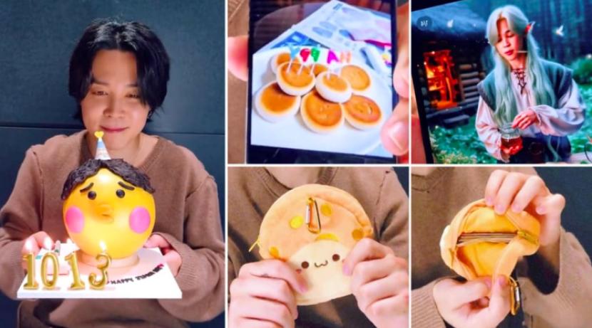 Jimin BTS memamerkan kado ulang tahun yang dia dapat dari para member.