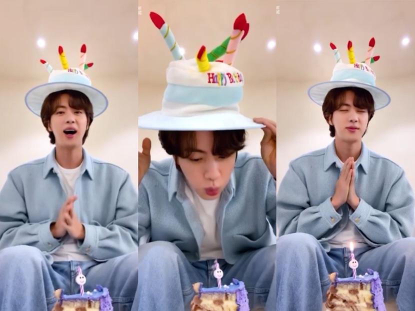 Jin BTS dalam video ulang tahun yang diunggah di Weverse, Senin (4/12/2023). Video itu direkam sebelum wamil dan sengaja dipersiapkan untuk ulang tahun Jin.