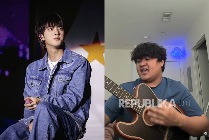 Jin BTS (kiri) dan musisi asal Indonesia Francis Karel. Fransis Karel terlibat dalam penulisan lagu Background yang ada di dalam album Echo Jin BTS.
