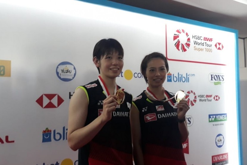 Juara Blibli Indonesia Open 2019 Nomor Ganda Putri asal Jepang, Yuki Fukushima/Sayaka Hirota, Ahad (21/7).