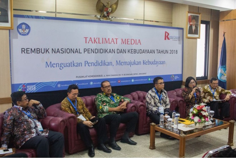 Jumpa pers Rembuk Nasional Pendidikan dan Kebudayaan (RNPK) 2018 di Pusdiklat Kemendikbud, Sawangan, Depok, Jawa Barat, Rabu (7/2).