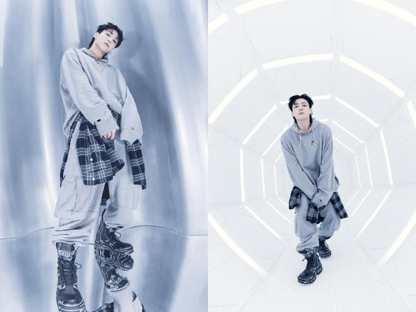 Jungkook BTS dalam konsep foto promosi lagu terbaru 3D. Jungkook menyerahkan urusan busananya kepada fashion stylist.