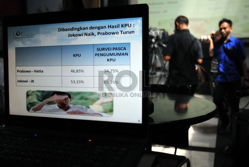 Jurnalis meliput pemaparan hasil survei Lingkaran Survei Indonesia (LSI) tentang dukungan Capres pascapenetapan resmi KPU di Jakarta, Kamis (7/8).  (Republika/Aditya Pradana Putra)