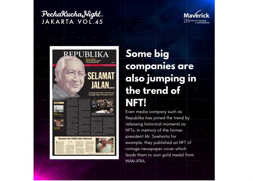 Jurnalis Republika Nur Hasan Murtiaji akan berbagi kisah sukses NFT di PechaKucha Night Jakarta Vol. 45.