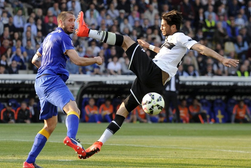 Juventus' Giorgio Chiellini (L) fights for the ball with Parma's Pedro Mendes during their Italian Serie A soccer match at Tardini Stadium in Parma April 11, 2015. 