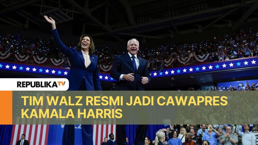 Kamala Harris memperkenalkan Tim Walz sebagai cawapresnya dalam Pilpres Amerika Serikat.