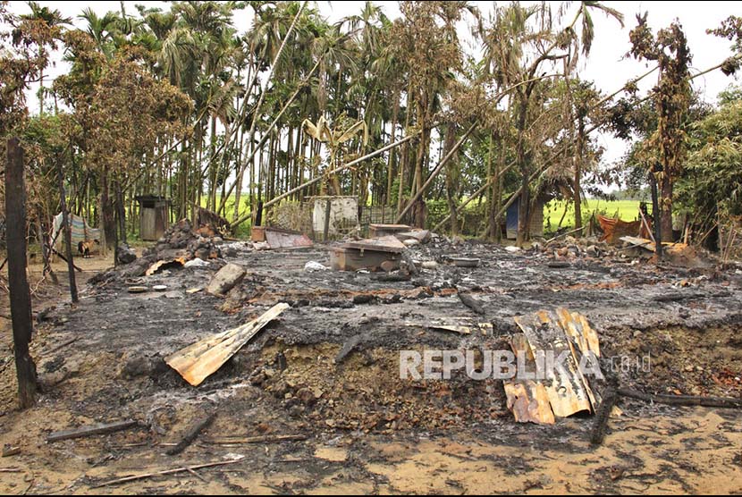 Kambing milik penduduk etnis Rohingya berkeliaran di reruntuhan rumah yang terbakar di Rakhine, Myanmar. Human Rights Watch minta ada penyelidikan pembakaran desa di Myanmar. Ilustrasi. 