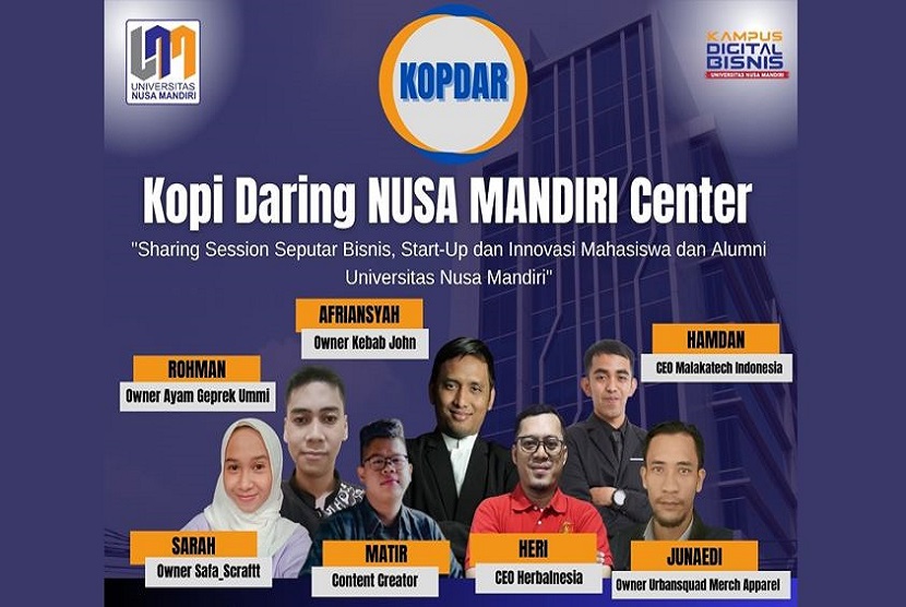 Kampus Digital Bisnis, Universitas Nusa Mandiri (UNM) melalui Nusa Mandiri Center akan mengadakan acara Kopi Daring (KOPDAR). Kegiatan KOPDAR ini bertujuan untuk berbagi ilmu, menginspirasi dan memotivasi mahasiswa serta alumni UNM.