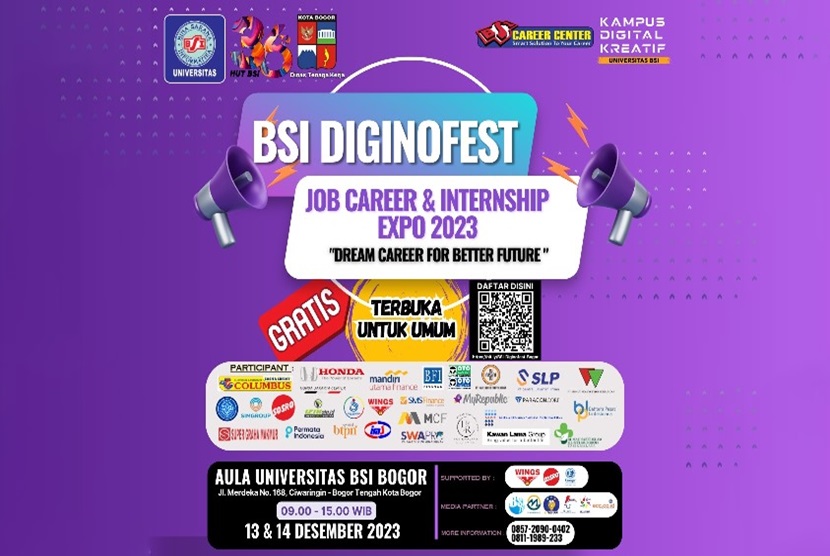Kampus Digital Kreatif, Universitas BSI (Bina Sarana Informatika) kampus Bogor akan  menyelenggarakan BSI Diginofest Job Career & Internship Expo 2023. Acara ini akan diadakan selama dua hari, mulai dari Rabu dan Kamis, pada tanggal 13 dan 14 Desember 2023 di Universitas BSI kampus Bogor. 