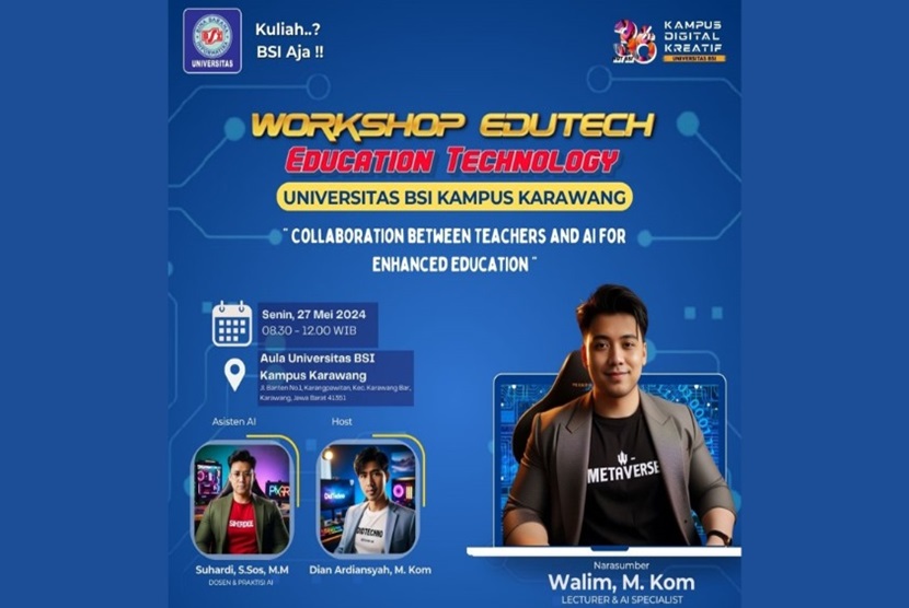 Kampus Digital Kreatif Universitas BSI (Bina Sarana Informatika) kampus Karawang akan mengadakan Workshop EduTech. Mengusung tema Collaboration Between Teacher and AI for Enhanced Education, kegiatan yang ditujukan untuk para guru Kabupaten Karawang, akan digelar pada Senin 27 Mei 2024 mendatang. 