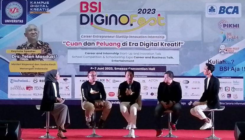 Kampus Digital Kreatif Universitas BSI (Bina Sarana Informatika) sukses menyelenggarakan kegiatan Bursa Kerja dan Magang BSI Diginofest 2023 dengan menghadirkan narasumber tiga pendiri Startup.