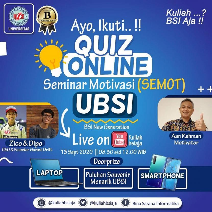 Kampus UBSI menggelar Seminar Motivasi (SEMOT) secara live melalui Youtube channel Kuliah BSI Aja, Ahad (13/9).