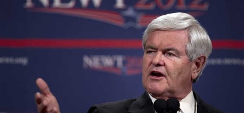 Kandidat calon presiden AS dari Partai Republik, Newt Gingrich, saat berpidato dalam sebuah konferensi pers di Las Vegas, Sabtu (4/2).