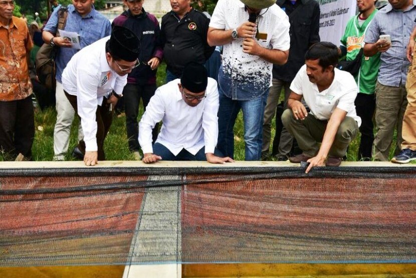 Kandidat Gubernur Jabar Ridwan Kamil saat bersama para petani ikan yang tergabung dalam Paguyuban Petani Jaya Bersama di Kabupaten Bogor,