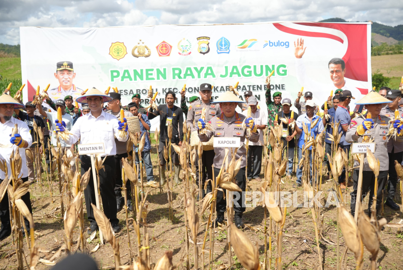 Kapolri Jenderal Listyo Sigit Prabowo dan Mentan Amran Sulaiman melaksanakan panen raya jagung di Desa Bolli, Kabupaten Bone, Provinsi Sulawesi Selatan (Sulsel), Jumat (16/5/2025).