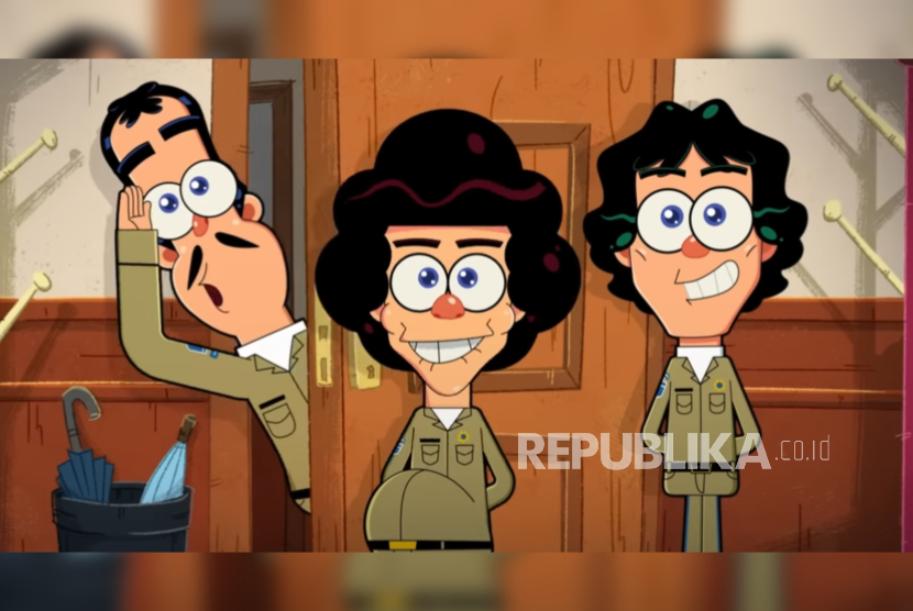 Karakter Dono, Kasino, dan Indro dalam film animasi Warkop DKI Kartun yang dirilis rumah produksi Falcon Pictures.