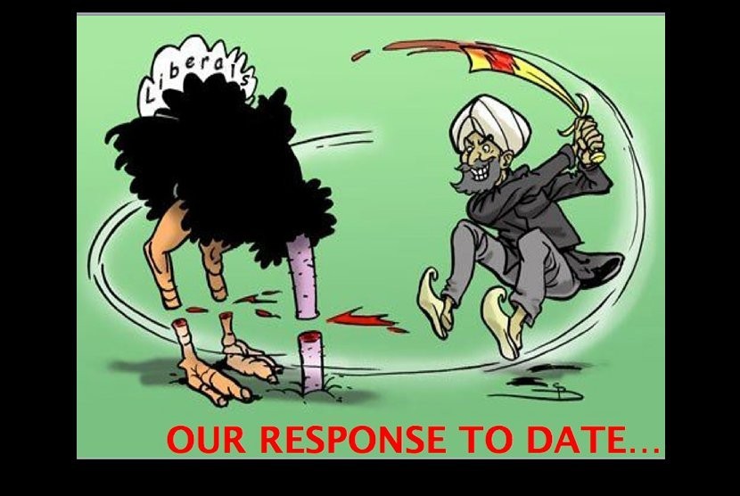 Karikatur dengan stereotip buruk Muslim dalam presentasi Shireen Burki yang disampaikan saat kuliah di Kampus Militer, berjudul Jihad: Definisi dan Operasinya.