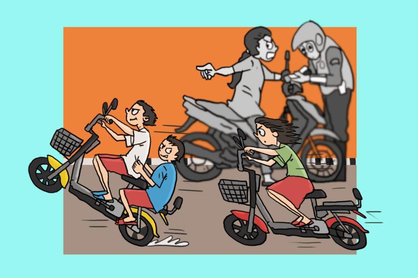 Karikatur Opini Republika : Anak-Anak dan Sepeda Listrik. Dishub Bandung menegaskan sepeda listrik yang digunakan di jalan raya akan disita.