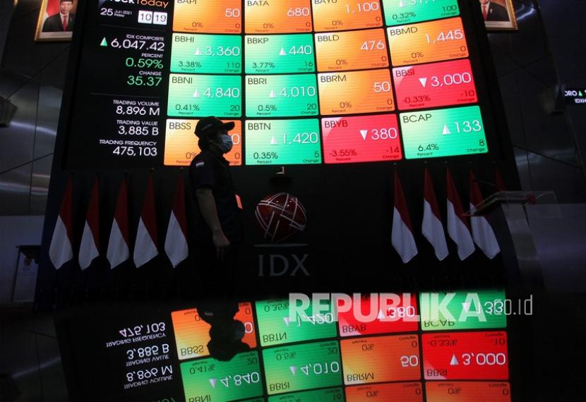 Karyawan melintas di dekat layar monitor pergerakan Indeks Harga Saham Gabungan (IHSG) di Bursa Efek Indonesia. Otoritas Jasa Keuangan (OJK) mencatat rasio investor saham syariah dari total investor hingga akhir Mei 2021 baru mencapai 97.759investor atau 4,1 persen dari total 2,4 juta investor saham di Bursa Efek Indonesia (BEI).