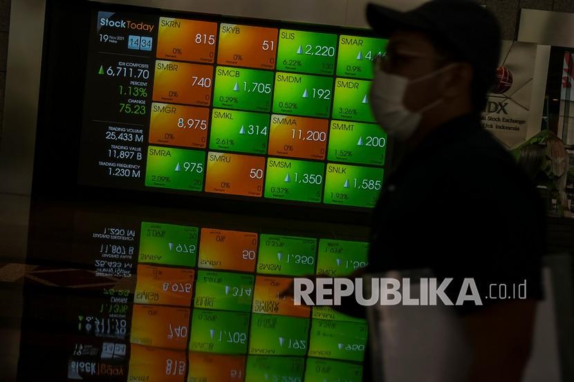 Karyawan melintas di dekat layar pergerakan Indeks Harga Saham Gabungan (IHSG) di gedung Bursa Efek Indonesia, Jakarta (ilustrasi). Indeks Harga Saham Gabunngan (IHSG) parkir di zona merah pada perdagangan akhir pekan ini. IHSG turun cukup tajam sebesar 2,06 persen dan turun kembali ke posisi 6.500, tepatnya 6.561,55.