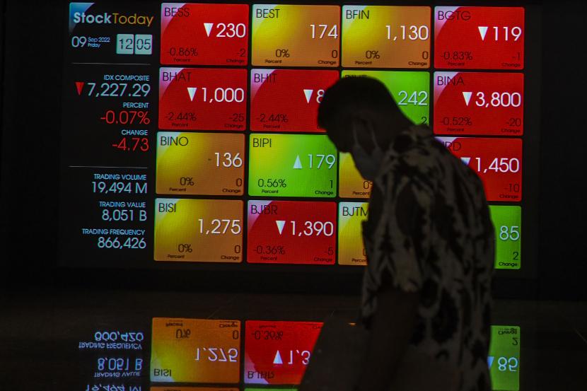 Karyawan melintas di samping layar elektronik yang menunjukkan pergerakan Indeks Harga Saham Gabungan (IHSG) di Bursa Efek Indonesia, Jakarta, Jumat (9/9/2022). Saham MAPI, AKRA, dan MTEL direkomendas