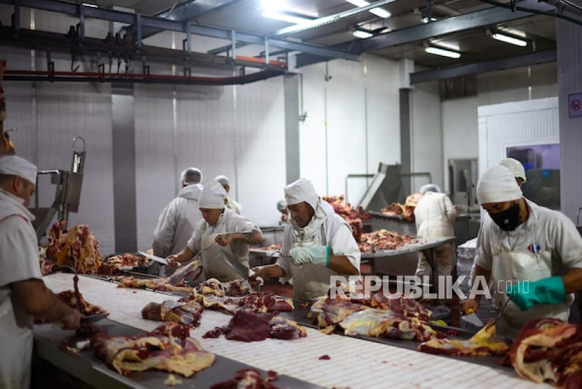 Karyawan memproses daging sapi di sepanjang jalur produksi di sebuah pabrik pengolahan daging di Moron, Buenos Aires, Argentina, 16 Mei 2025.