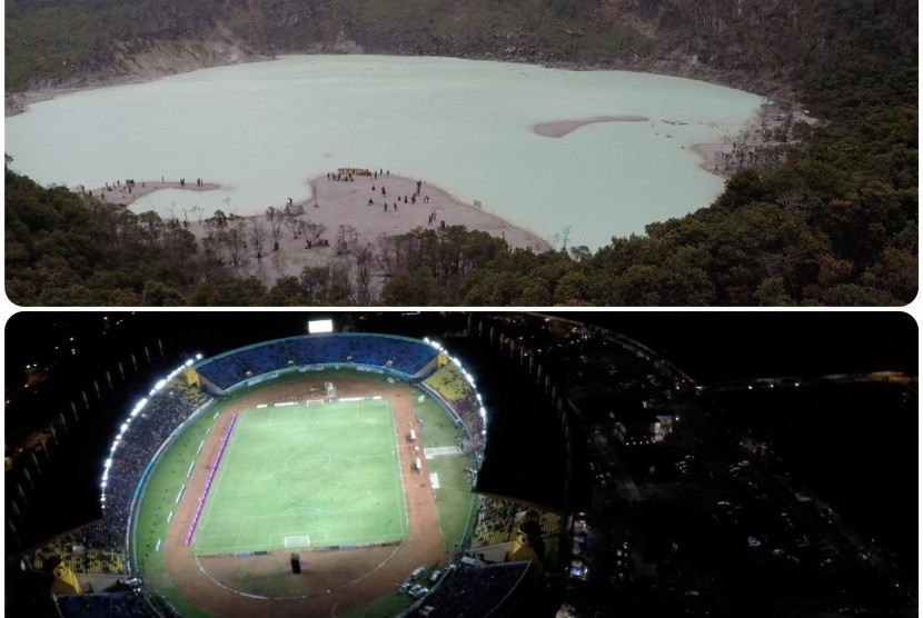 Kawah Putih (atas) dan Stadion Jalak Harupat (bawah)