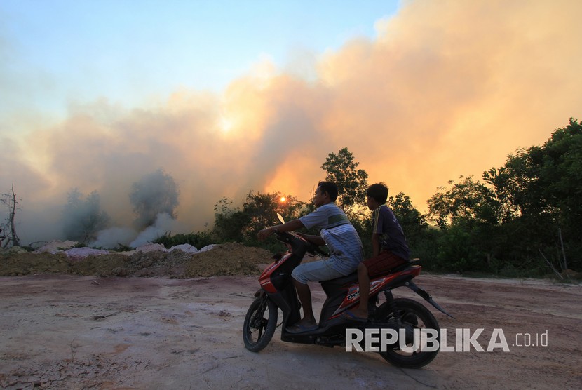 Kebakaran hutan dan lahan akibat musim panas semakin meluas terjadi dan sudah mendekati pemukiman warga di kecamatan Dumai Barat kota Dumai, Dumai, Riau, Selasa (12/2/2019).