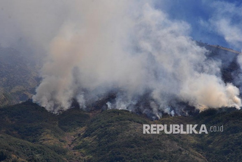 Kebakaran hutan gunung Sumbing terus meluas di foto dari Desa Adipura, Kaliangkrik, Magelang, Jawa Tengah.