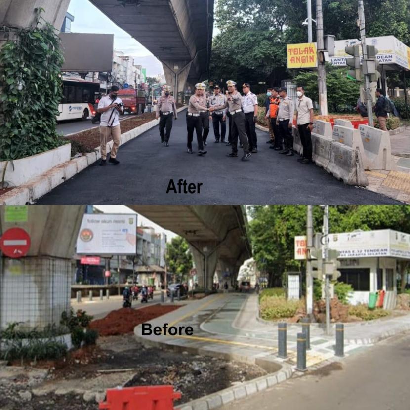 Kebijakan Penjabat Gubernur DKI Jakarta, Heru Budi Hartono membongkar trotoar untuk menjadi jalan raya demi memperlancar lalu lintas di kawasan Santa, Jakarta Selatan, Jumat (15/4/2023).